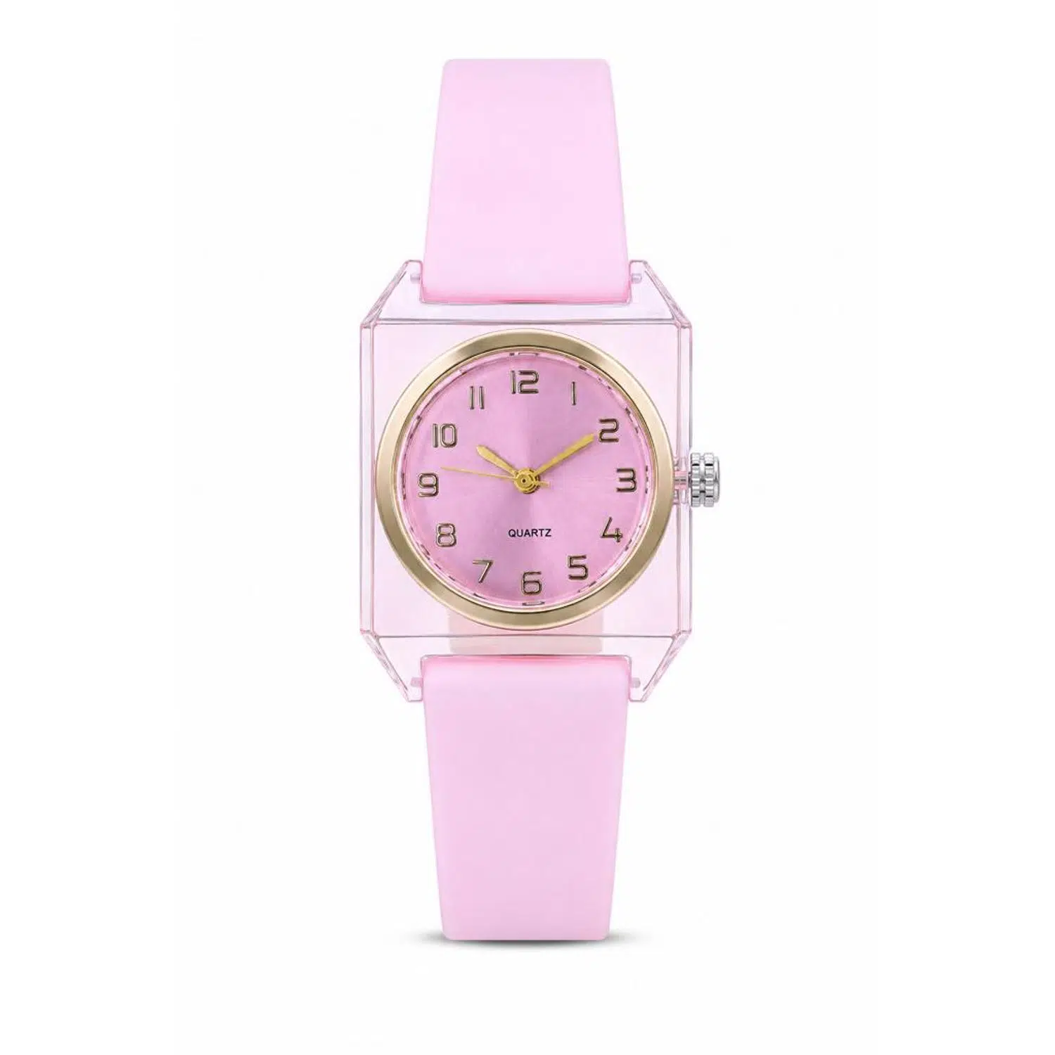 Kadın Kol Saati Pembe Silikon Kordon Şeffaf Kare Kasa Analog Kadran ST-304452
